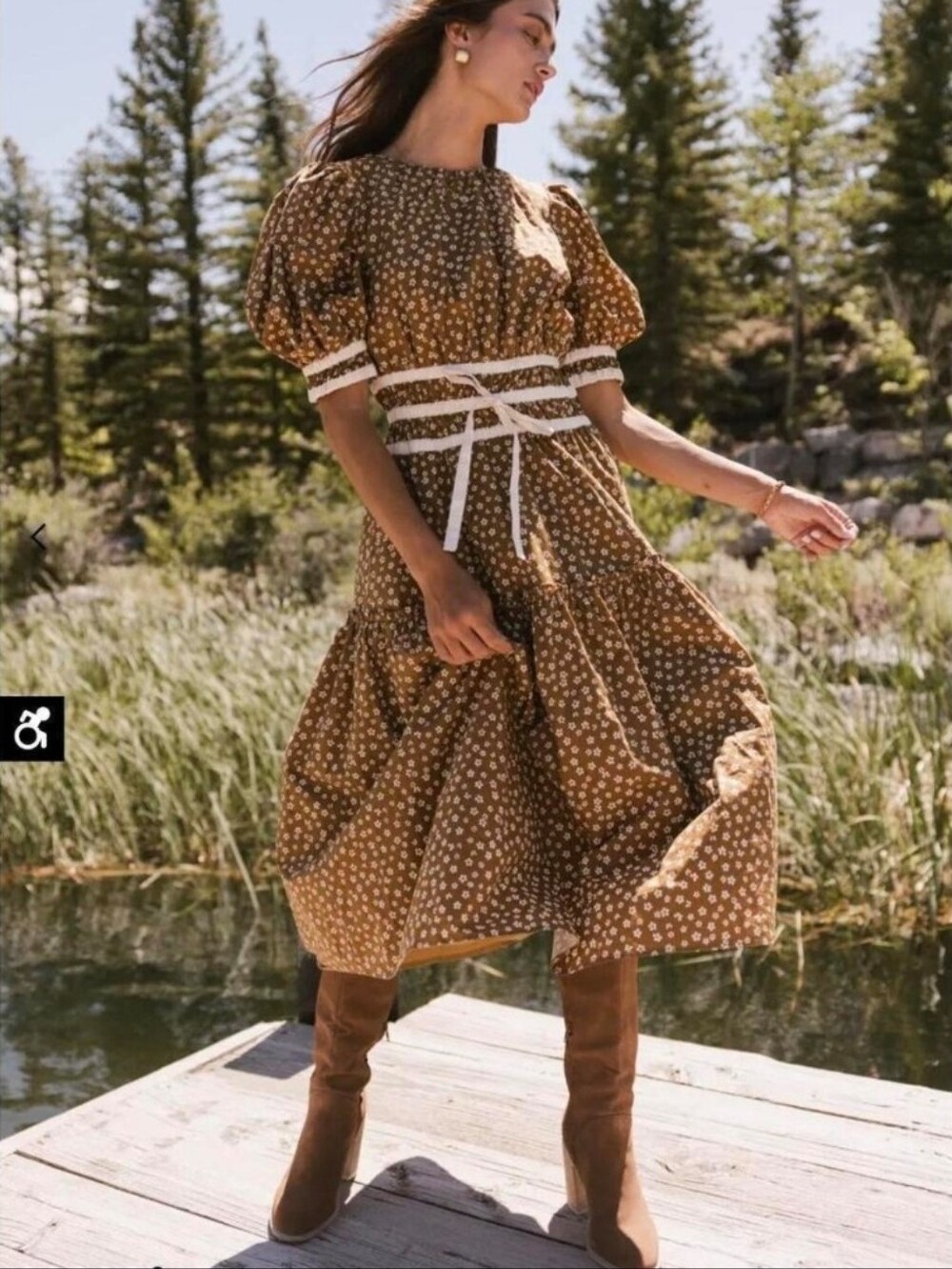 Bohme Kendra Ditsy Brown Tan Cream Floral Tiered Summer Midi Dress Puff Sleeves